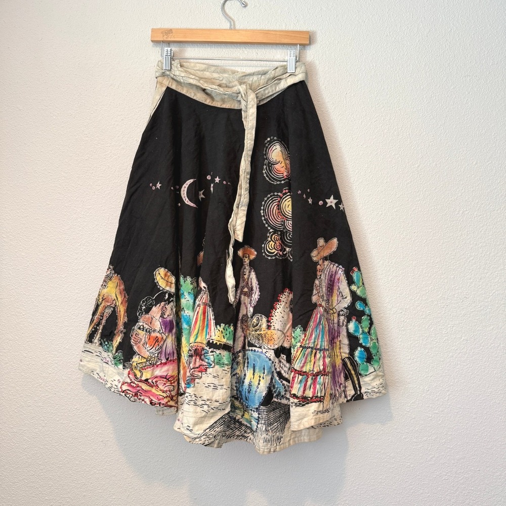 Vintage 90s-2000s Adelita Hand Painted Sequin Mexican Circle Wrap Skirt